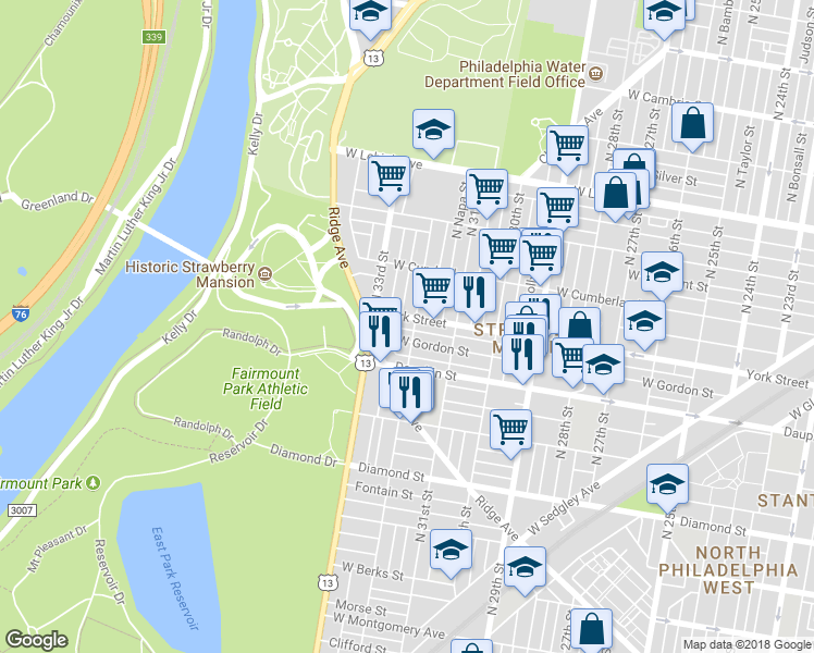 map of restaurants, bars, coffee shops, grocery stores, and more near 3207 West Arizona Street in Philadelphia