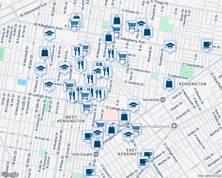 map of restaurants, bars, coffee shops, grocery stores, and more near 2821 North Lee Street in Philadelphia