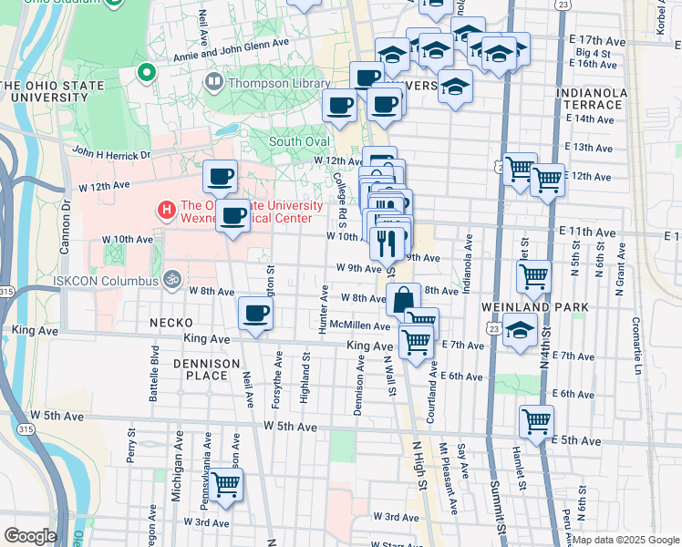 map of restaurants, bars, coffee shops, grocery stores, and more near 83 West 9th Avenue in Columbus