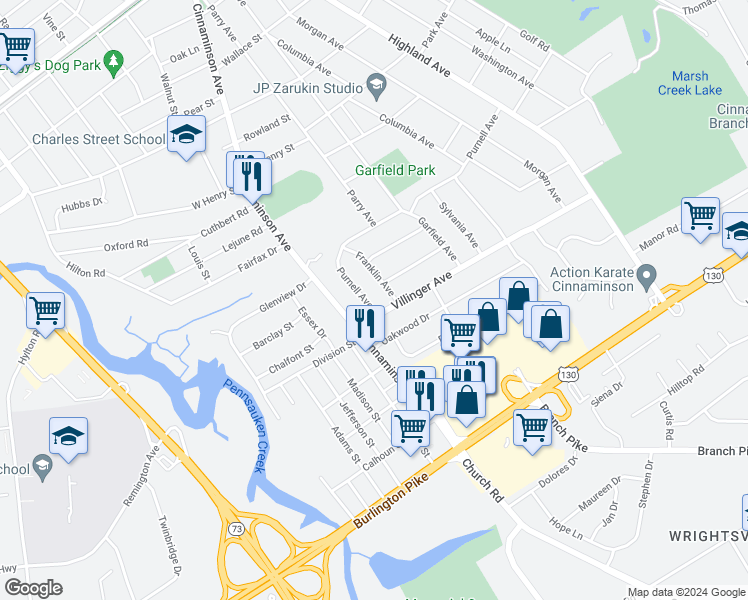 map of restaurants, bars, coffee shops, grocery stores, and more near 3 Purnell Avenue in Cinnaminson