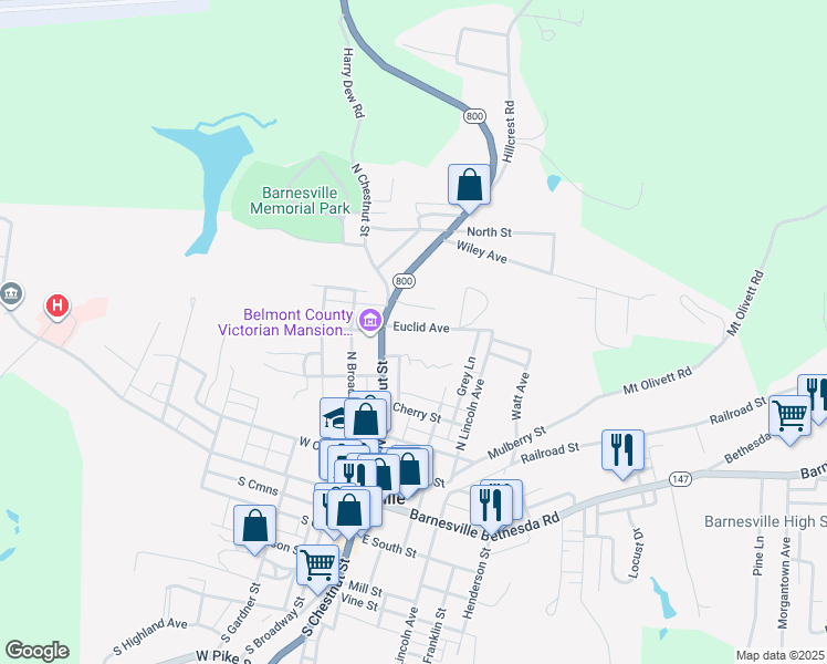 map of restaurants, bars, coffee shops, grocery stores, and more near 124 Euclid Avenue in Barnesville