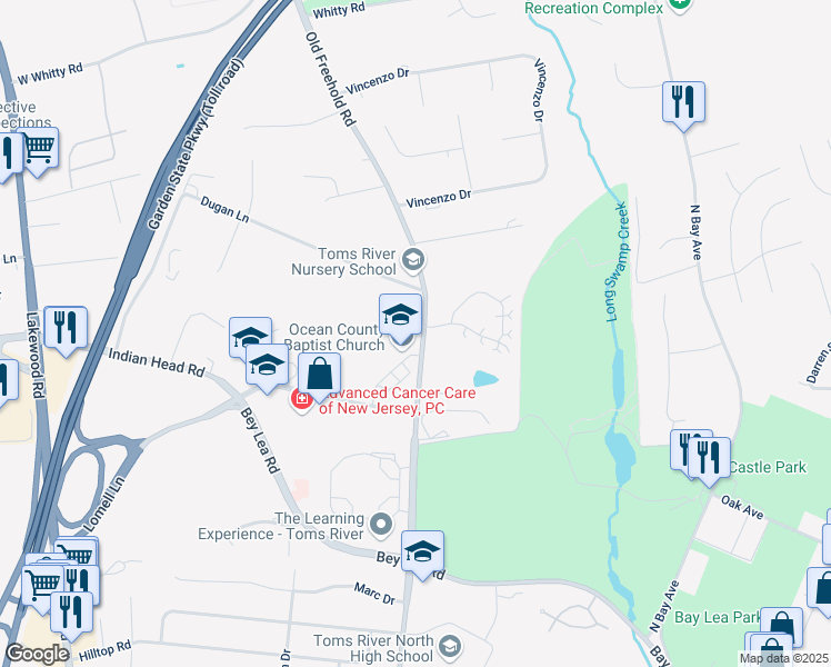 map of restaurants, bars, coffee shops, grocery stores, and more near 197 Courtney Court in Toms River