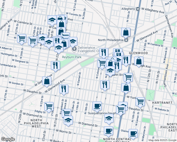 map of restaurants, bars, coffee shops, grocery stores, and more near 2550 North Cleveland Street in Philadelphia