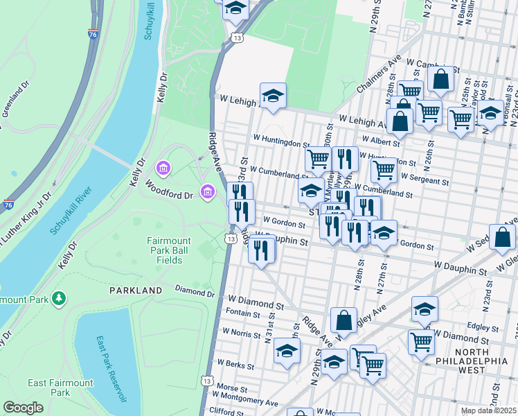 map of restaurants, bars, coffee shops, grocery stores, and more near 3207 West Arizona Street in Philadelphia