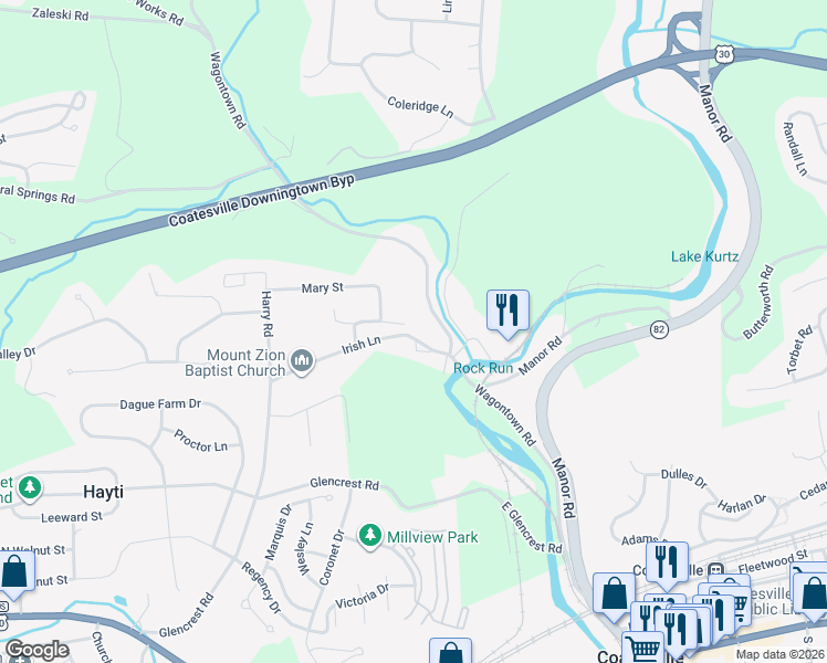 map of restaurants, bars, coffee shops, grocery stores, and more near 81 Irish Lane in Coatesville