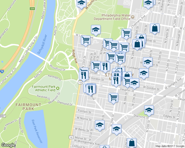 map of restaurants, bars, coffee shops, grocery stores, and more near 2349 North 32nd Street in Philadelphia