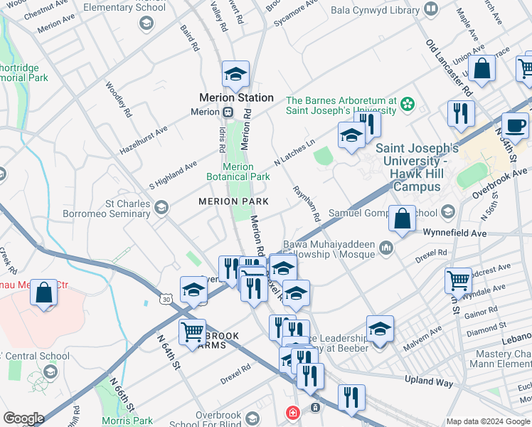 map of restaurants, bars, coffee shops, grocery stores, and more near 539 Greystone Road in Merion Station