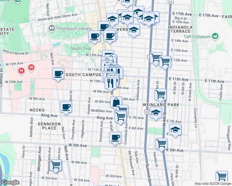 map of restaurants, bars, coffee shops, grocery stores, and more near 45 East 9th Avenue in Columbus