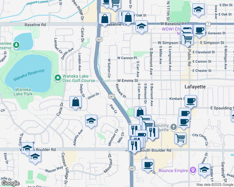 map of restaurants, bars, coffee shops, grocery stores, and more near 710 Snowberry Court in Lafayette