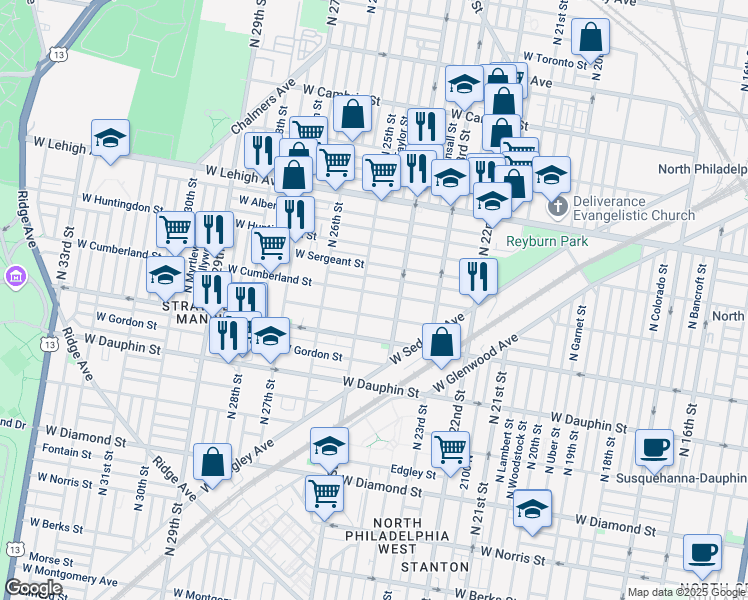 map of restaurants, bars, coffee shops, grocery stores, and more near 2434 West Cumberland Street in Philadelphia