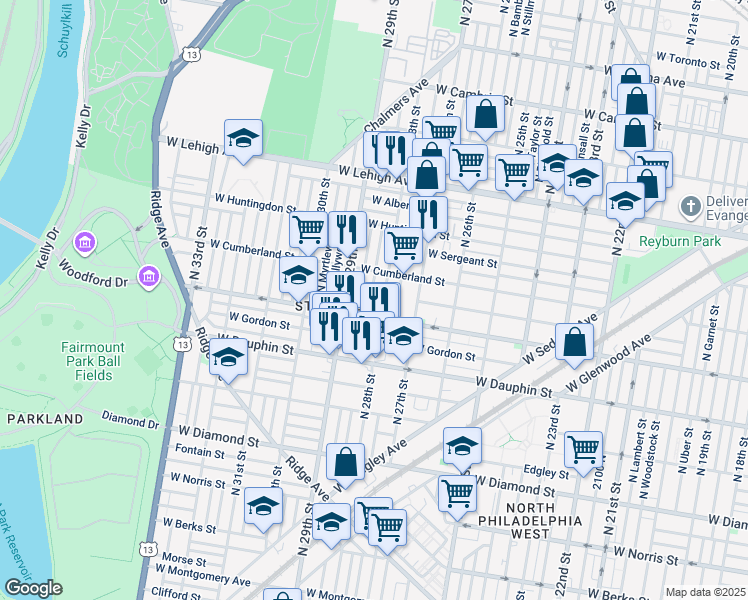 map of restaurants, bars, coffee shops, grocery stores, and more near 2425 North Newkirk Street in Philadelphia