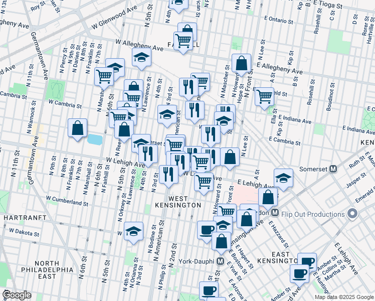 map of restaurants, bars, coffee shops, grocery stores, and more near 2760 North 2nd Street in Philadelphia