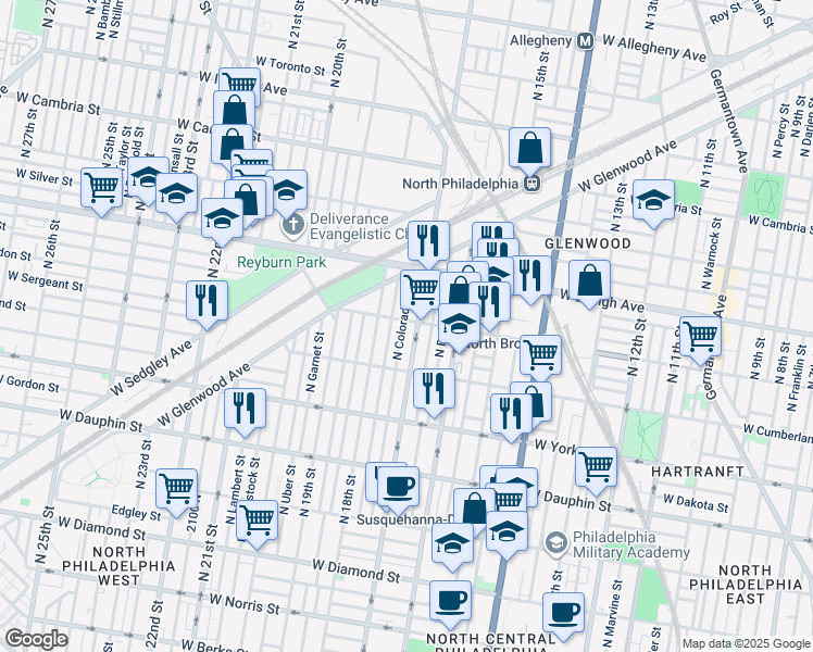 map of restaurants, bars, coffee shops, grocery stores, and more near 1716 West Huntingdon Street in Philadelphia