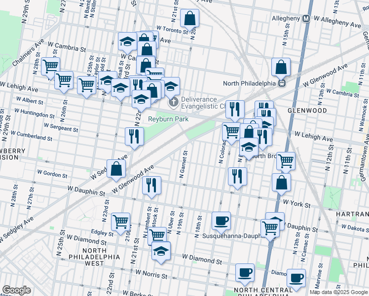 map of restaurants, bars, coffee shops, grocery stores, and more near 2542 North Garnet Street in Philadelphia