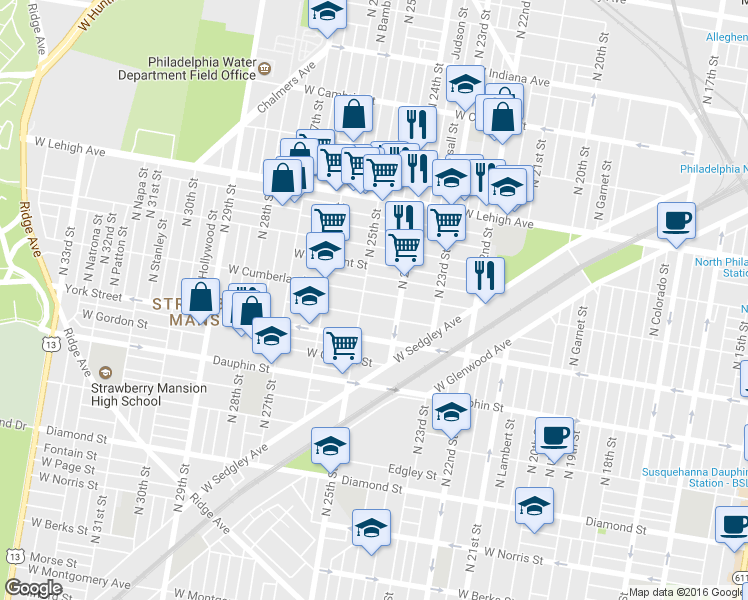 map of restaurants, bars, coffee shops, grocery stores, and more near 2436 West Cumberland Street in Philadelphia