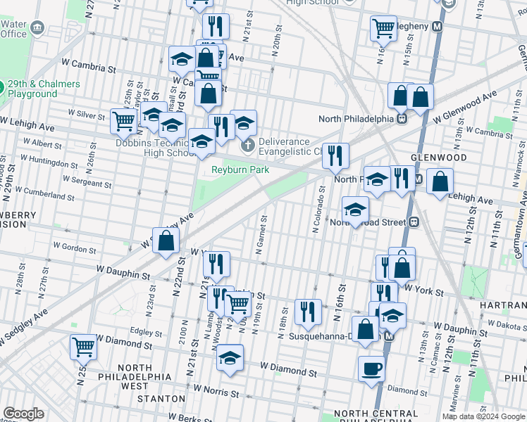 map of restaurants, bars, coffee shops, grocery stores, and more near 2542 North Garnet Street in Philadelphia