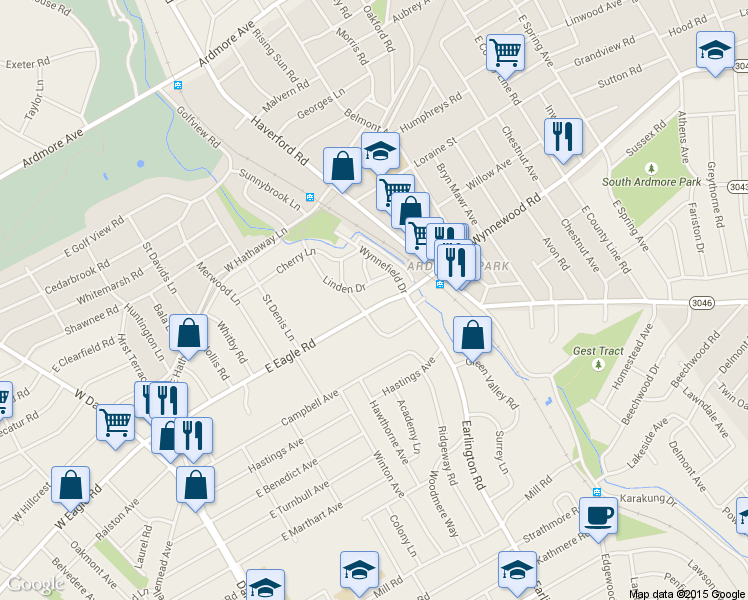 map of restaurants, bars, coffee shops, grocery stores, and more near 408 East Eagle Road in Havertown