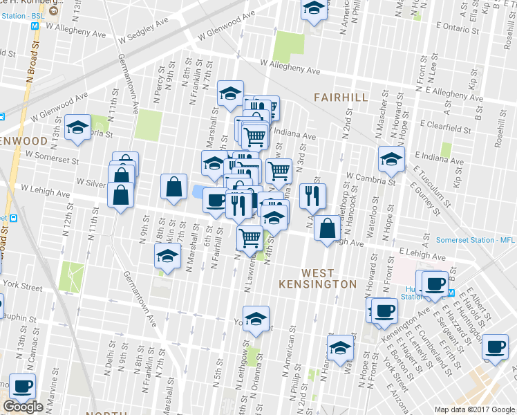 map of restaurants, bars, coffee shops, grocery stores, and more near 2734 North Lawrence Street in Philadelphia