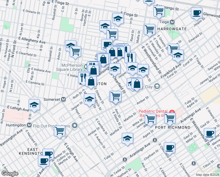 map of restaurants, bars, coffee shops, grocery stores, and more near 1922 East Elkhart Street in Philadelphia