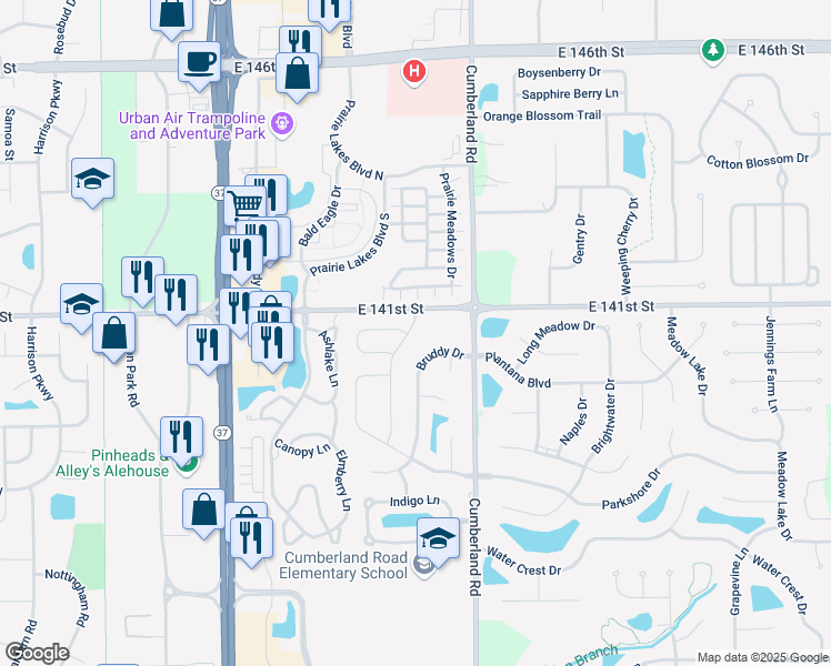 map of restaurants, bars, coffee shops, grocery stores, and more near 14095 Meadow Grass Way in Fishers