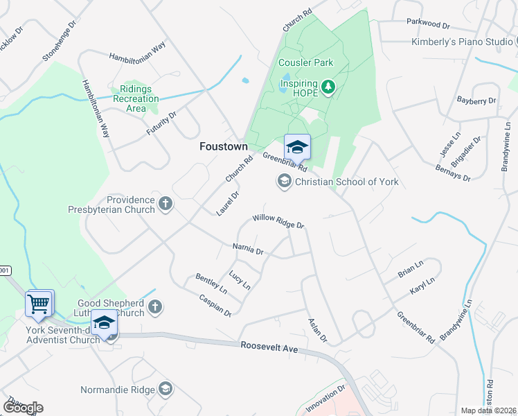 map of restaurants, bars, coffee shops, grocery stores, and more near 875 Willow Ridge Court in York