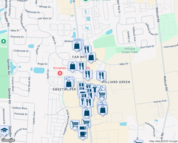 map of restaurants, bars, coffee shops, grocery stores, and more near 2098 Larkspur Court in Hilliard