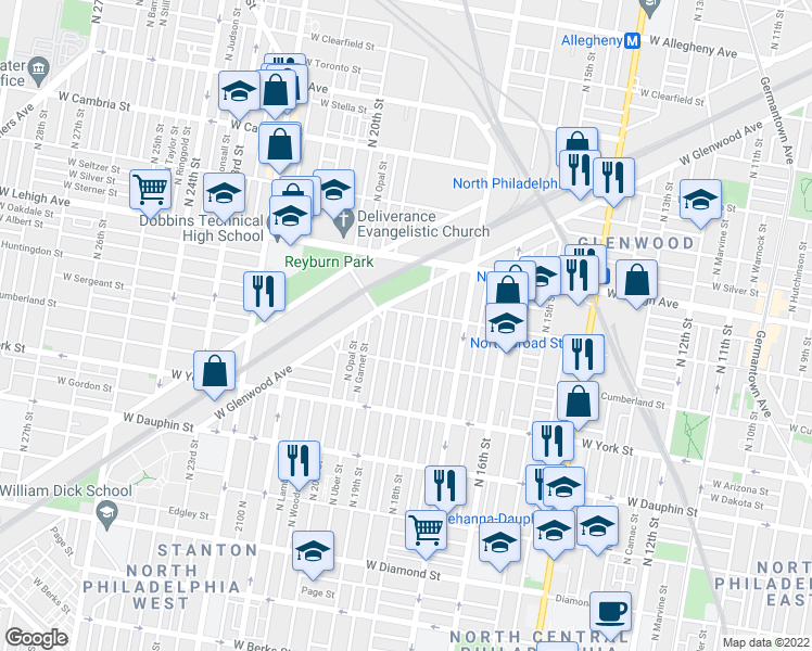 map of restaurants, bars, coffee shops, grocery stores, and more near 2552 North Cleveland Street in Philadelphia