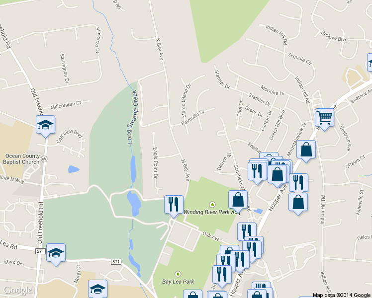 map of restaurants, bars, coffee shops, grocery stores, and more near 1573 North Bay Avenue in Toms River