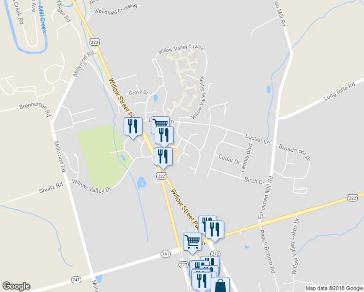 map of restaurants, bars, coffee shops, grocery stores, and more near 104 Lynette Circle in Willow Street