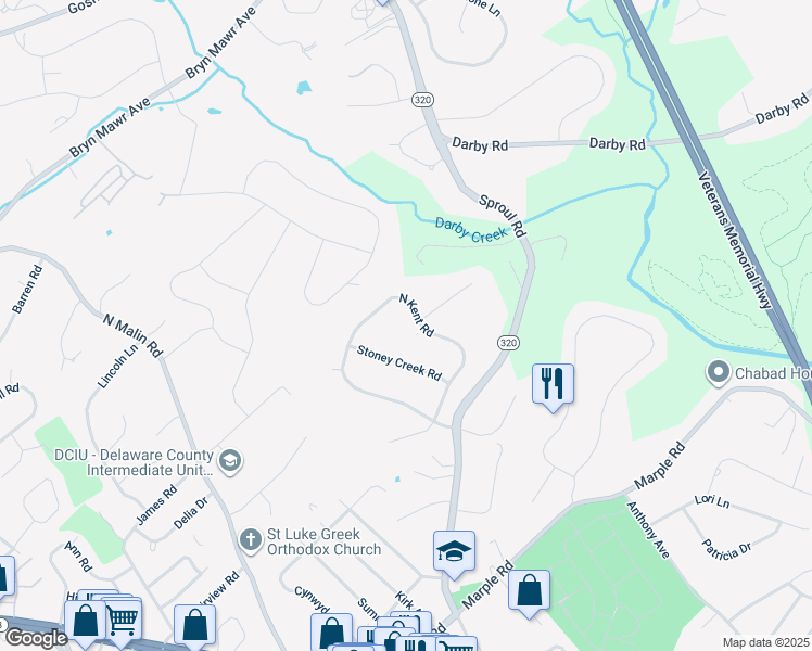 map of restaurants, bars, coffee shops, grocery stores, and more near 2728 North Kent Road in Broomall