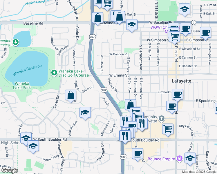 map of restaurants, bars, coffee shops, grocery stores, and more near 710 Snowberry Court in Lafayette