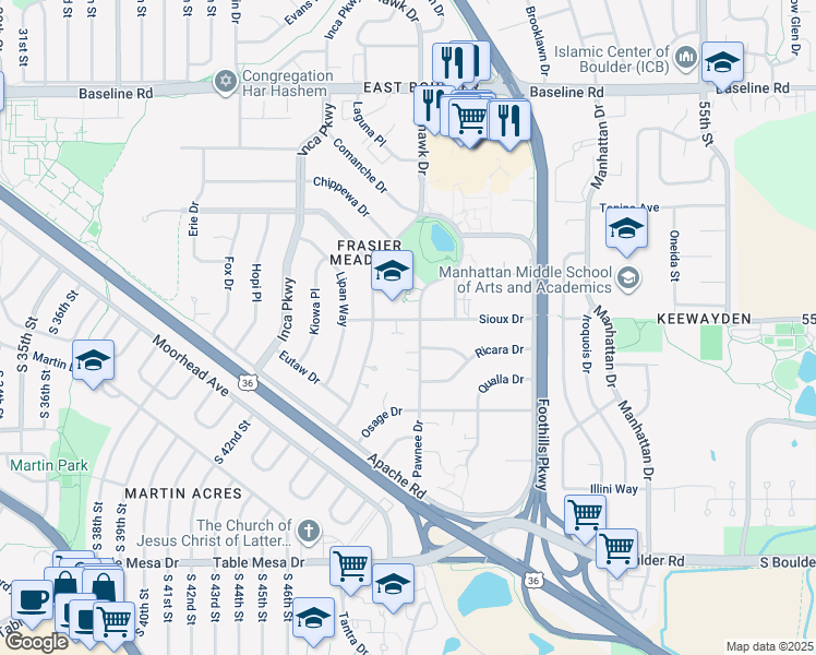 map of restaurants, bars, coffee shops, grocery stores, and more near 4570 Sioux Drive in Boulder
