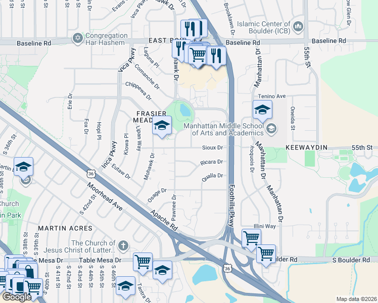 map of restaurants, bars, coffee shops, grocery stores, and more near 4660 Sioux Drive in Boulder