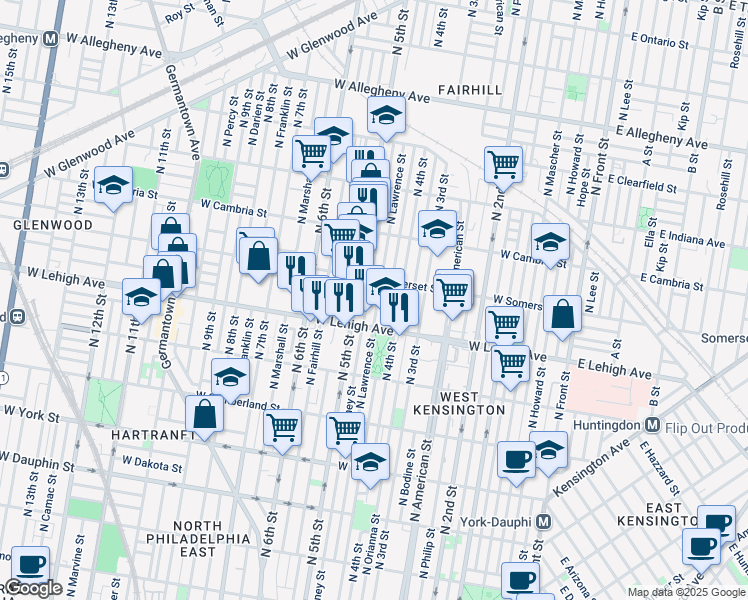 map of restaurants, bars, coffee shops, grocery stores, and more near 2734 North Lawrence Street in Philadelphia