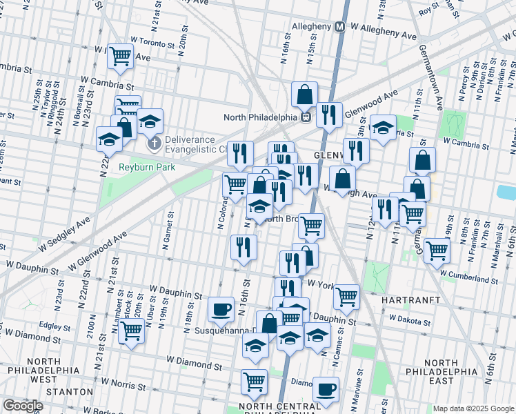 map of restaurants, bars, coffee shops, grocery stores, and more near 1541 West Huntingdon Street in Philadelphia