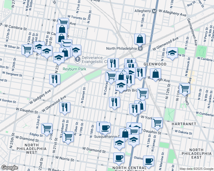 map of restaurants, bars, coffee shops, grocery stores, and more near 1716 West Huntingdon Street in Philadelphia