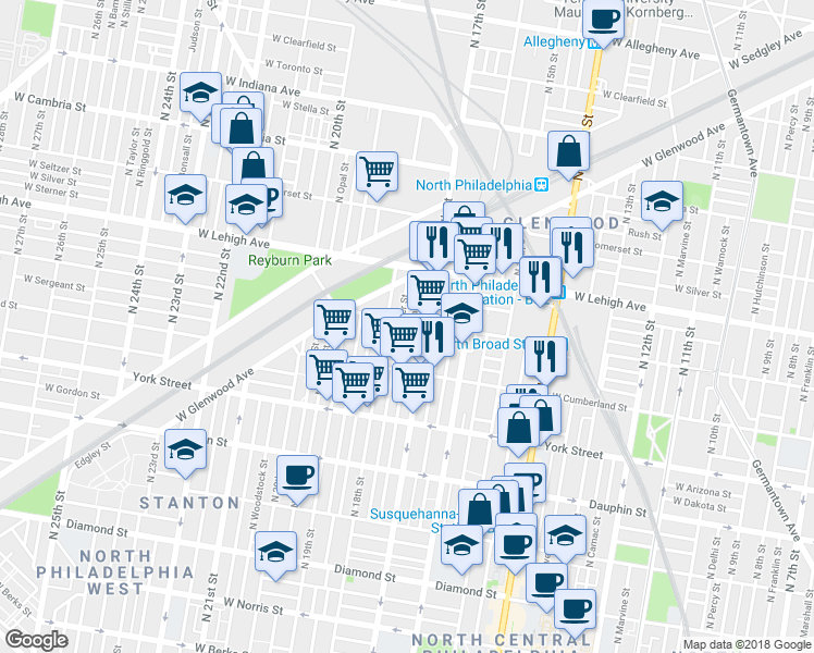 map of restaurants, bars, coffee shops, grocery stores, and more near 1716 West Huntingdon Street in Philadelphia