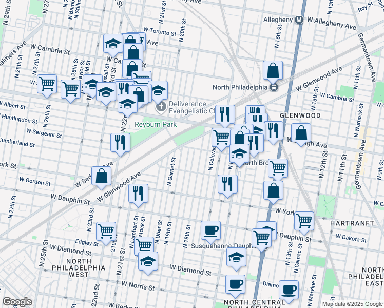 map of restaurants, bars, coffee shops, grocery stores, and more near 2552 North Cleveland Street in Philadelphia