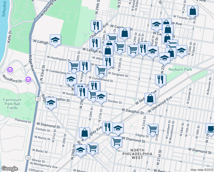 map of restaurants, bars, coffee shops, grocery stores, and more near 2627 West Hagert Street in Philadelphia