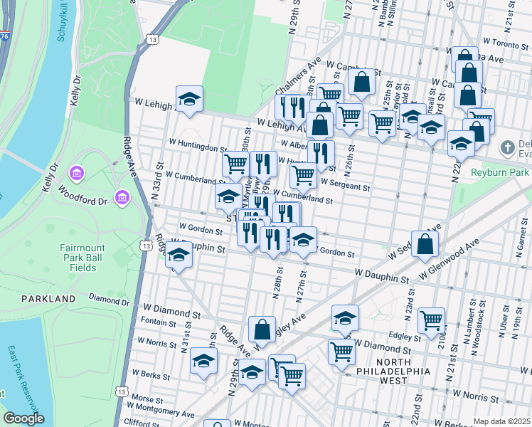 map of restaurants, bars, coffee shops, grocery stores, and more near 2419 North 29th Street in Philadelphia