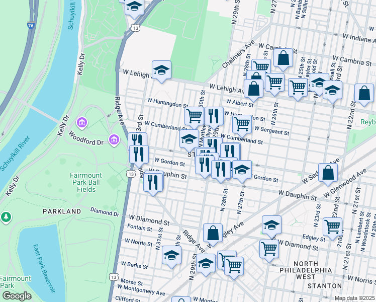 map of restaurants, bars, coffee shops, grocery stores, and more near 3013 West York Street in Philadelphia