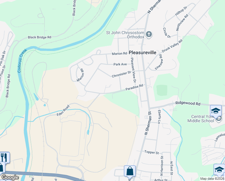 map of restaurants, bars, coffee shops, grocery stores, and more near 539 Paradise Road in York