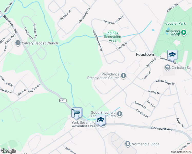 map of restaurants, bars, coffee shops, grocery stores, and more near 1345 Sterling Drive in York