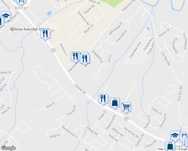 map of restaurants, bars, coffee shops, grocery stores, and more near 3910 Sheppard Drive in Dover