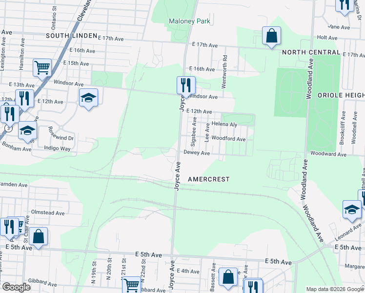 map of restaurants, bars, coffee shops, grocery stores, and more near in Columbus