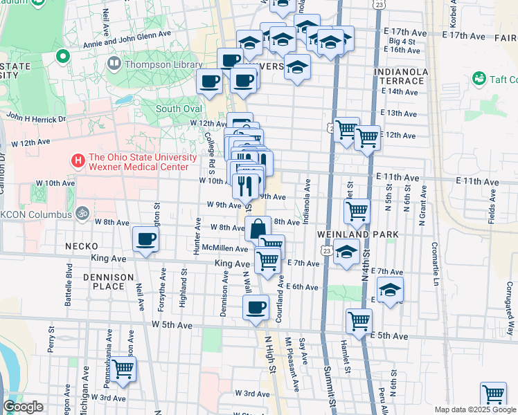map of restaurants, bars, coffee shops, grocery stores, and more near 45 East 9th Avenue in Columbus