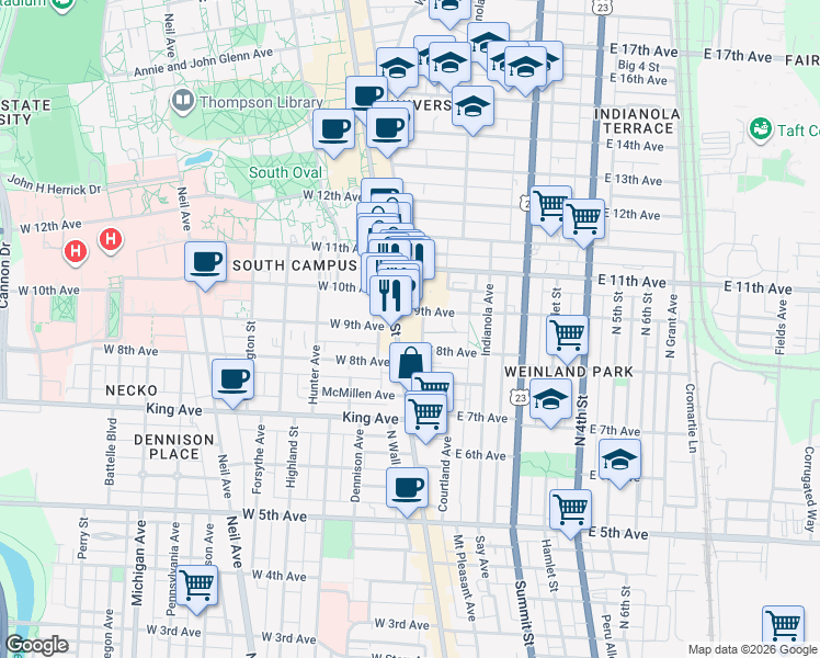 map of restaurants, bars, coffee shops, grocery stores, and more near 45 East 9th Avenue in Columbus