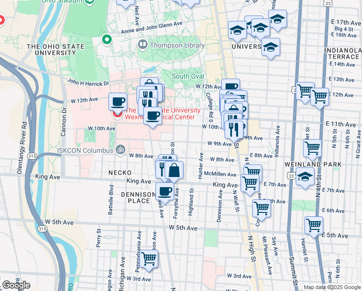 map of restaurants, bars, coffee shops, grocery stores, and more near in Columbus