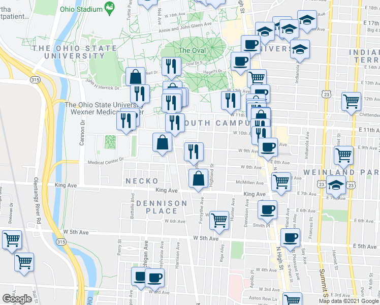 map of restaurants, bars, coffee shops, grocery stores, and more near 247 West 9th Avenue in Columbus