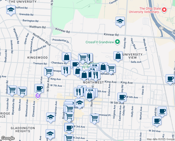map of restaurants, bars, coffee shops, grocery stores, and more near 1697 Northwest Boulevard in Columbus